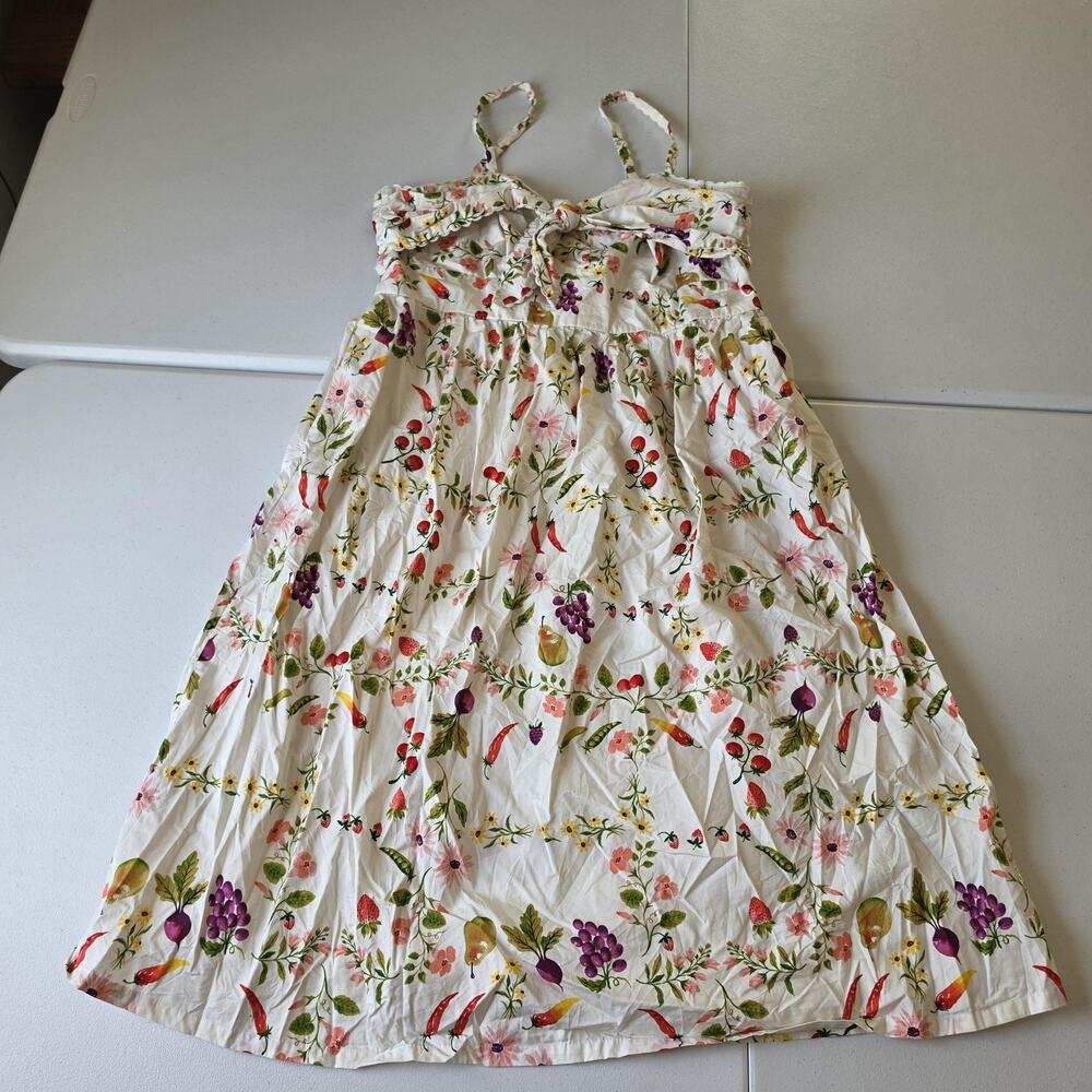 Old Navy Dress Womens L Petite White Fruit Floral Sundress Tie Front Pockets